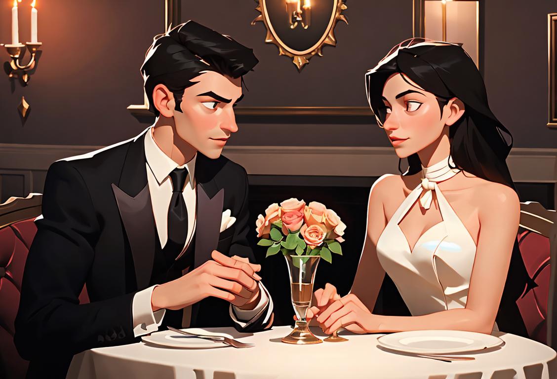 A couple sitting at a romantic candlelit dinner, with the boyfriend holding a bouquet of flowers, dressed in a stylish suit with a tie, and the girlfriend wearing an elegant dress, in a cozy restaurant setting.