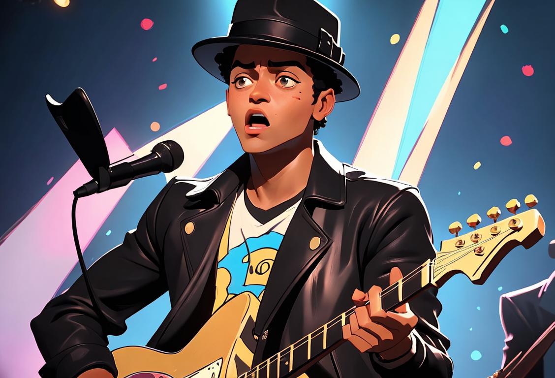 Young man with a shocked expression, wearing a fedora hat and a leather jacket, surrounded by concert lights and musical instruments..