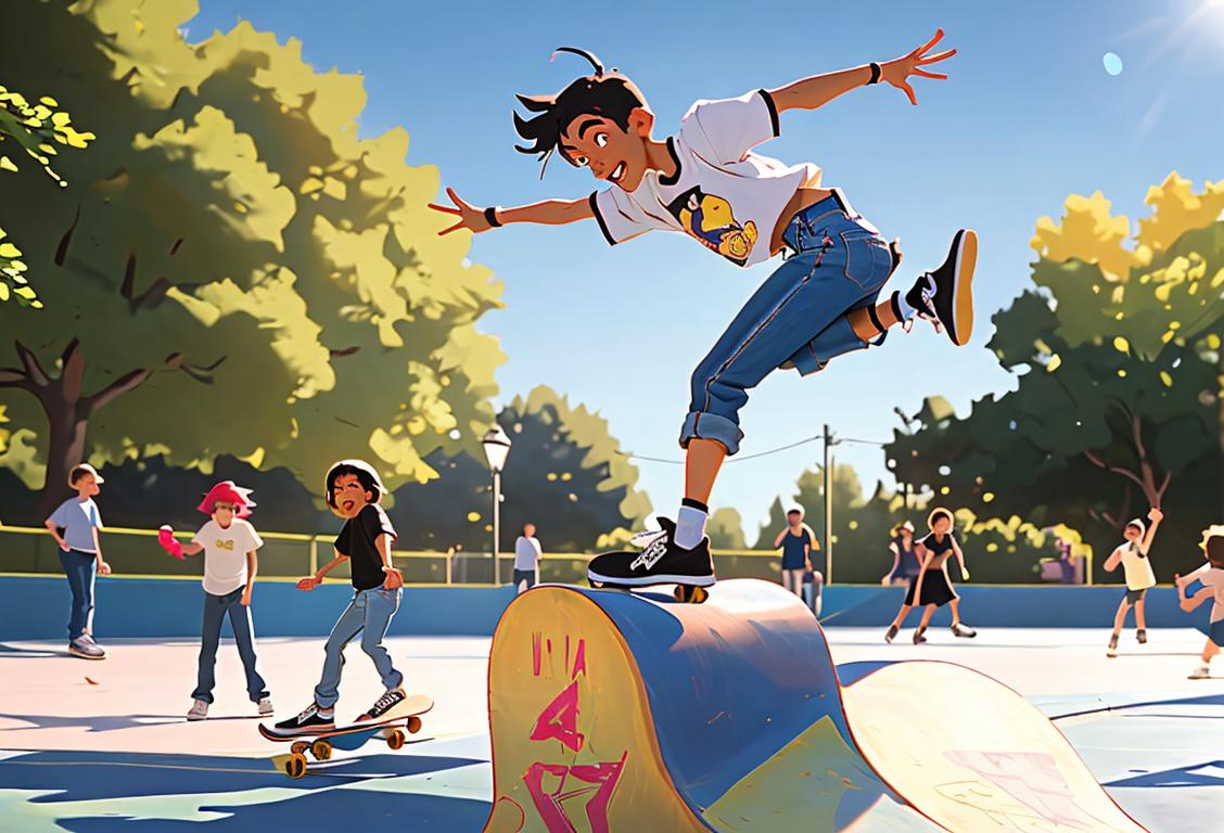 Skateboarder performing a kickflip in a sunny park, wearing baggy jeans, 90s skater style, surrounded by cheering friends..