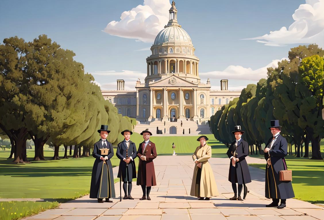 A group of people in historical attire, including Victorian and colonial clothing, standing in front of iconic national capital buildings from around the world..