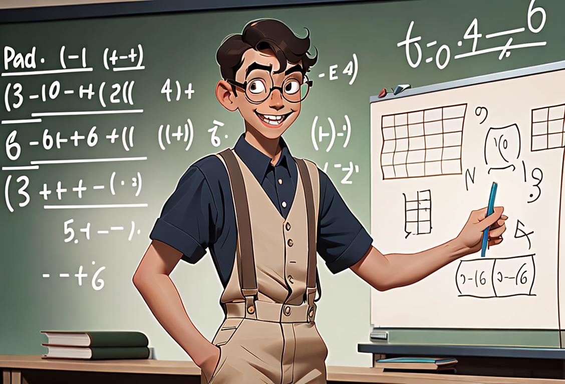 Young boy with nerdy glasses and suspenders, standing in a classroom, surrounded by a whiteboard filled with funny math equations, books, and a giant smile..