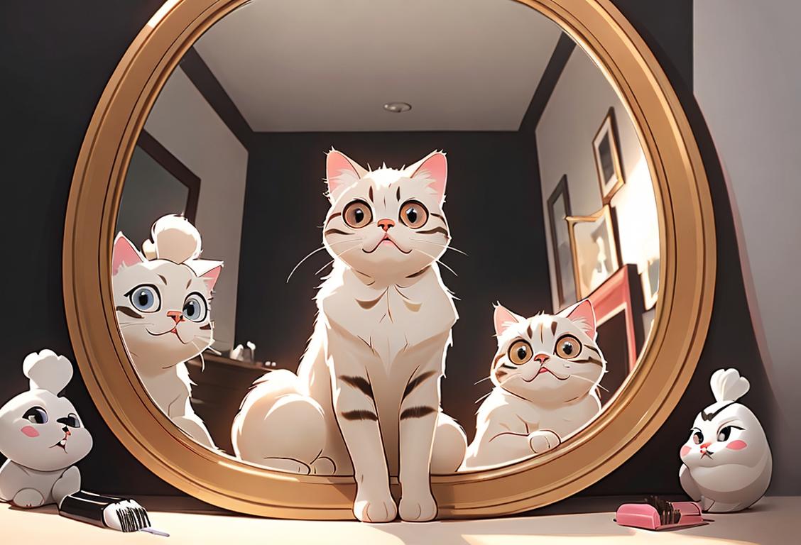 Adorable cat sitting in front of a mirror, surrounded by hairbrushes and hair products, with a mischievous look on its face, in a cozy home setting..