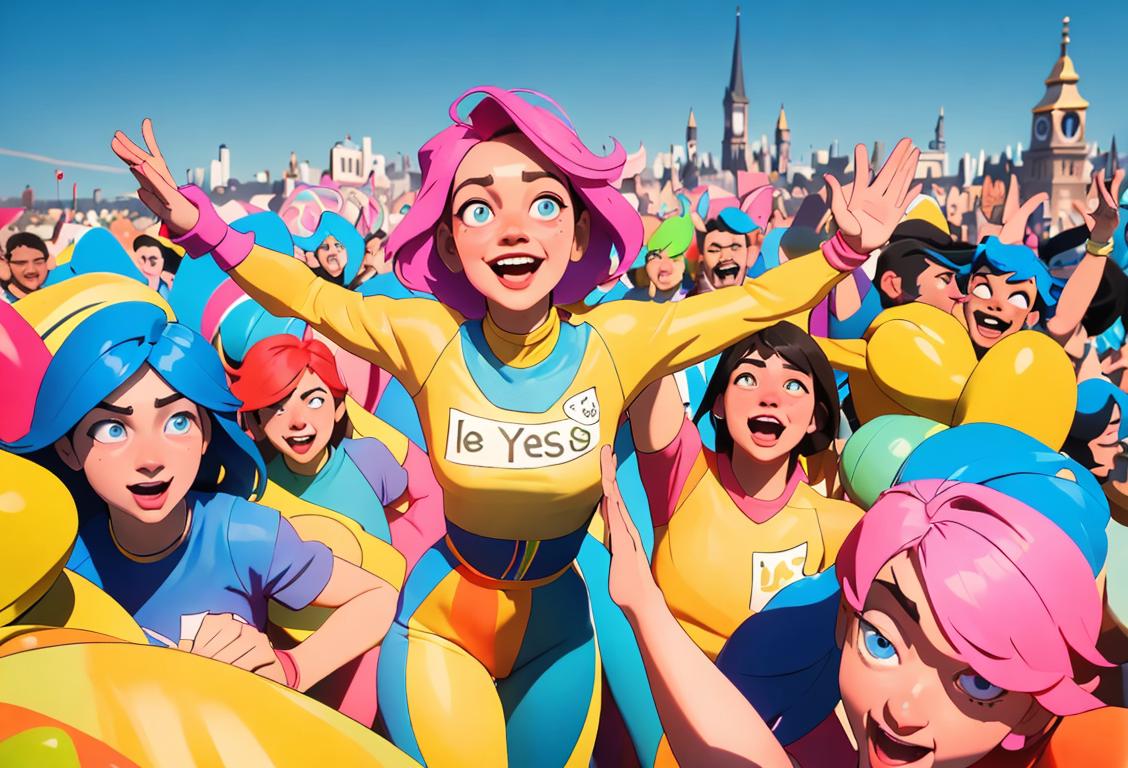 Happy and enthusiastic person saying 'yes' with arms raised in victory, wearing a colorful outfit, surrounded by a diverse group of people in a vibrant cityscape..