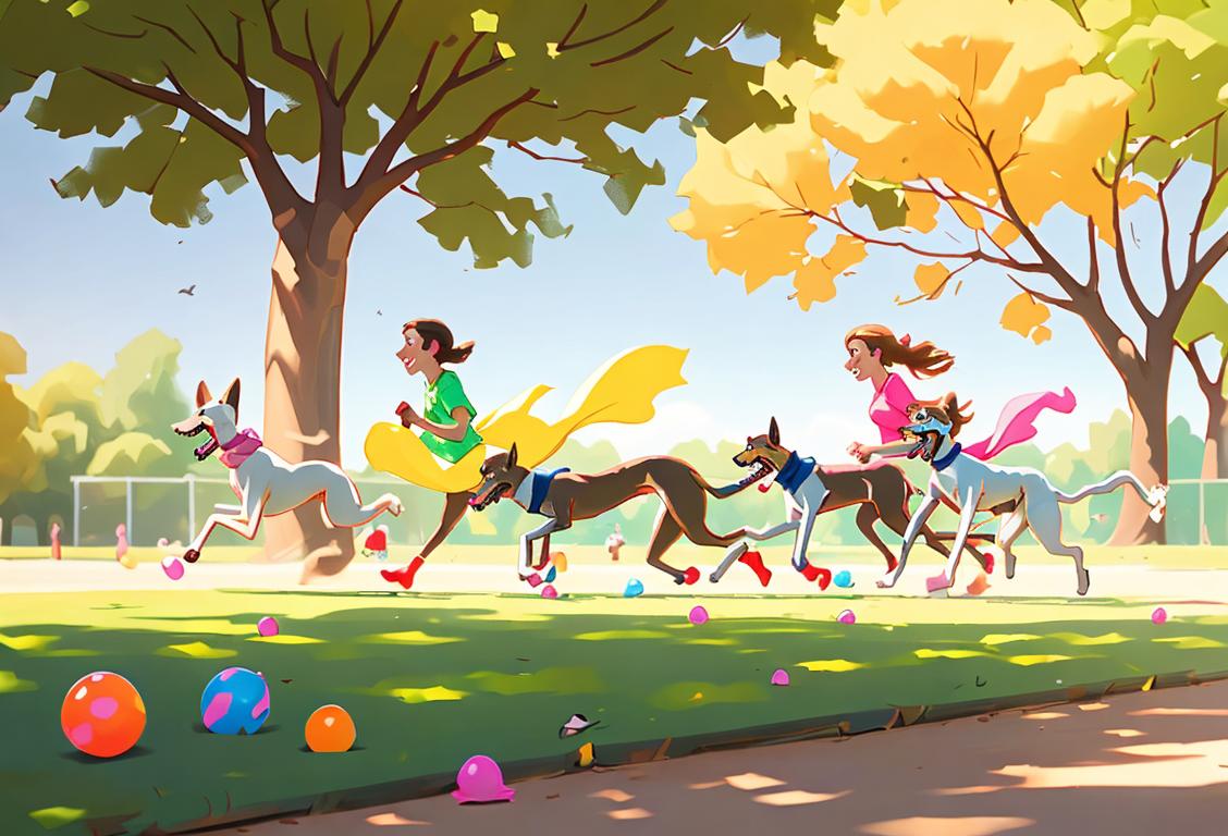 A joyful family gathered in a park, greyhound running with a toy, wearing colorful bandanas, sunny day..