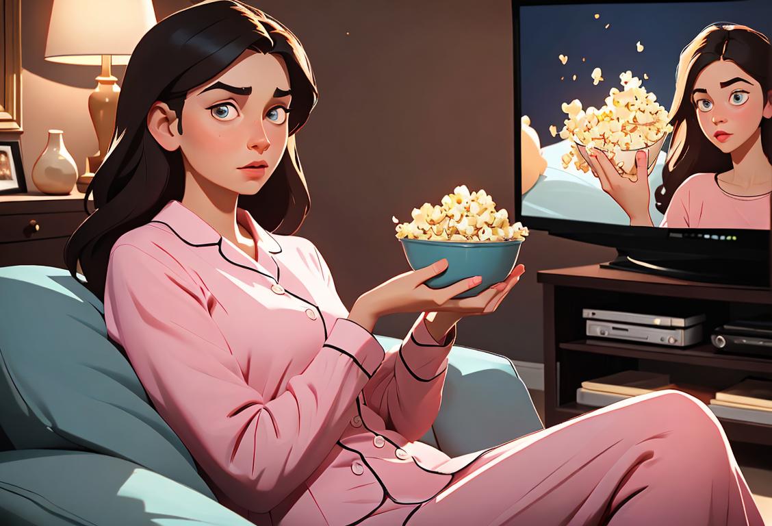 Young woman watching TV with a bowl of popcorn, wearing pajamas, cozy living room setting, sitcom characters on the screen..