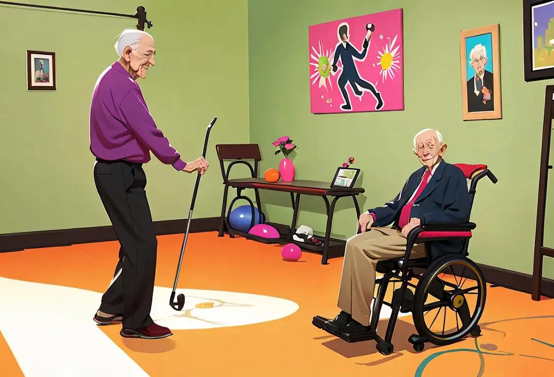 Elderly gentleman using a walking cane, surrounded by colorful exercise equipment, bright and cheerful fitness studio setting..