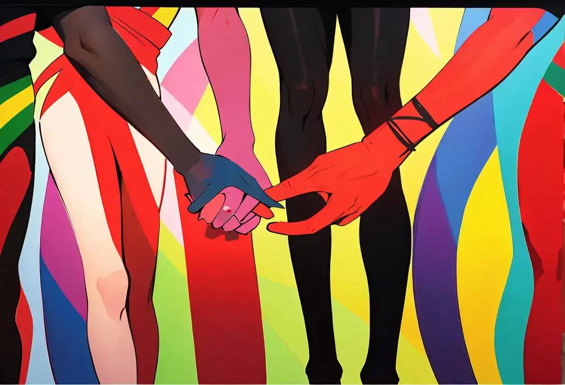 A diverse group of people wearing red ribbons, holding hands, standing in front of a colorful mural symbolizing unity and support..