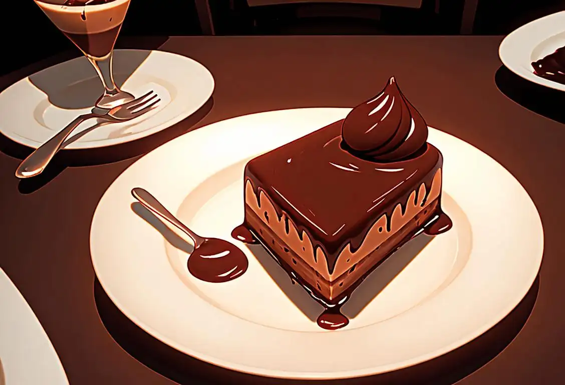 Happy National Chocolate Mousse Day! A person delightfully savors a spoonful of velvety chocolate mousse, surrounded by elegant dessert plating and a cozy cafe atmosphere..