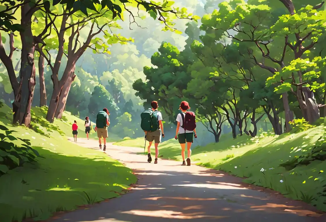 A diverse group of people hiking through a scenic national park, wearing casual outdoor clothing and carrying backpacks, surrounded by lush greenery..