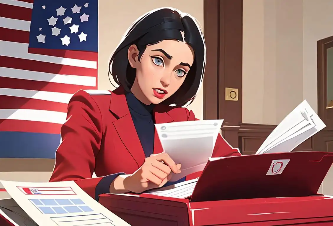 Young woman carefully filling out a mail-in ballot, wearing patriotic attire, home office setting surrounded by democracy-themed decorations.