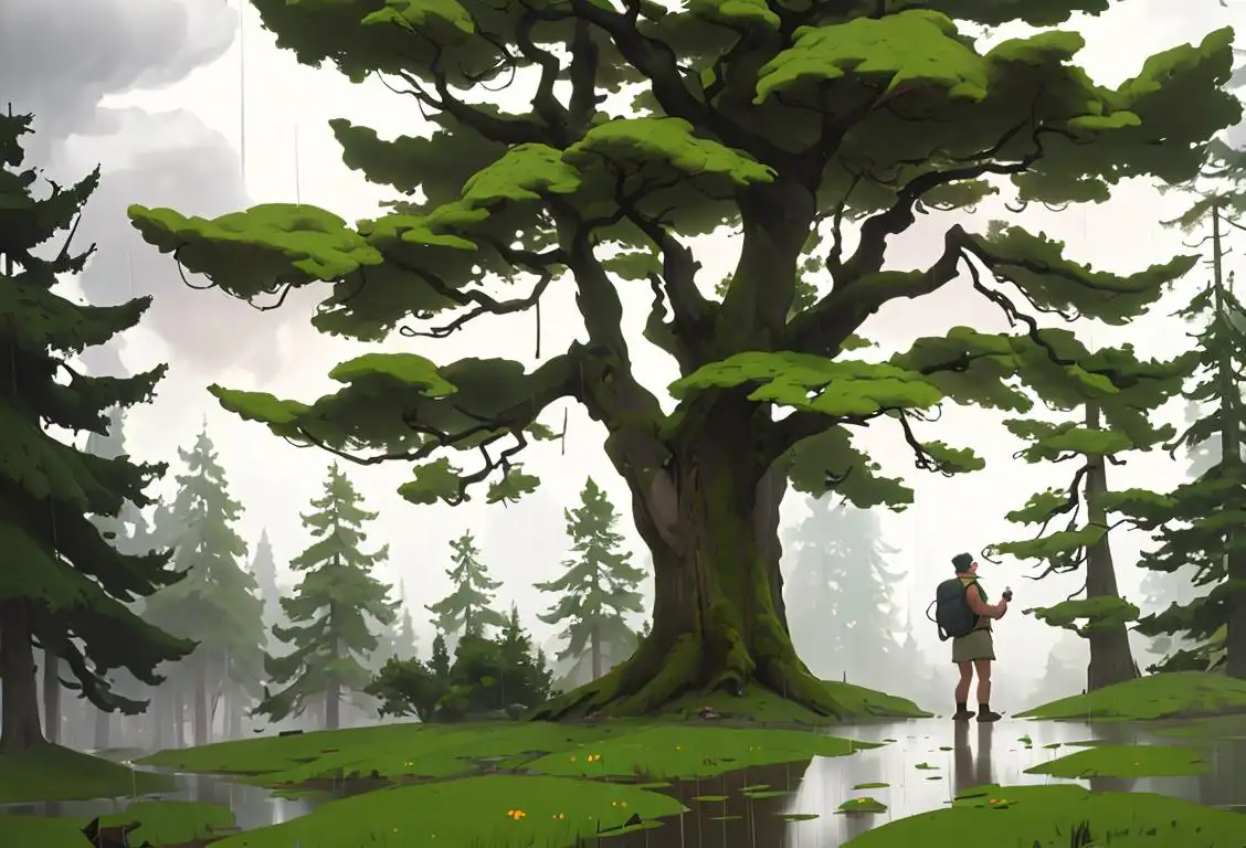 A hiker with a raincoat and backpack standing in a misty national park, surrounded by towering trees and lush greenery..