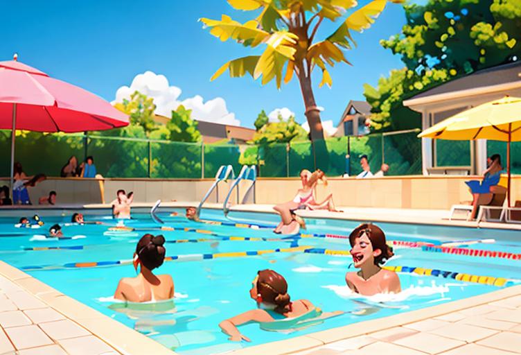 A diverse group of people having fun at a public pool, wearing colorful swimsuits, splashing water, and enjoying the sunny weather..