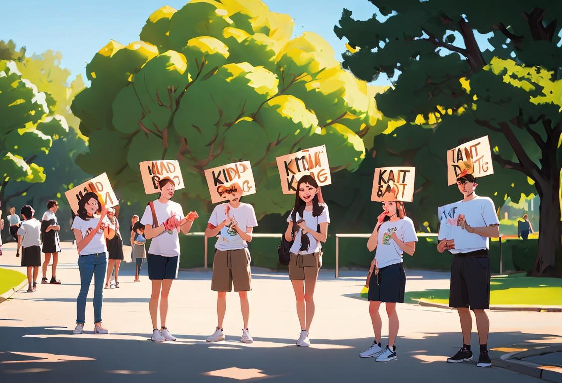 A group of friends standing in a park, wearing casual clothes, holding signs that say 'Keep it Real' and 'Blunt But Kind'..