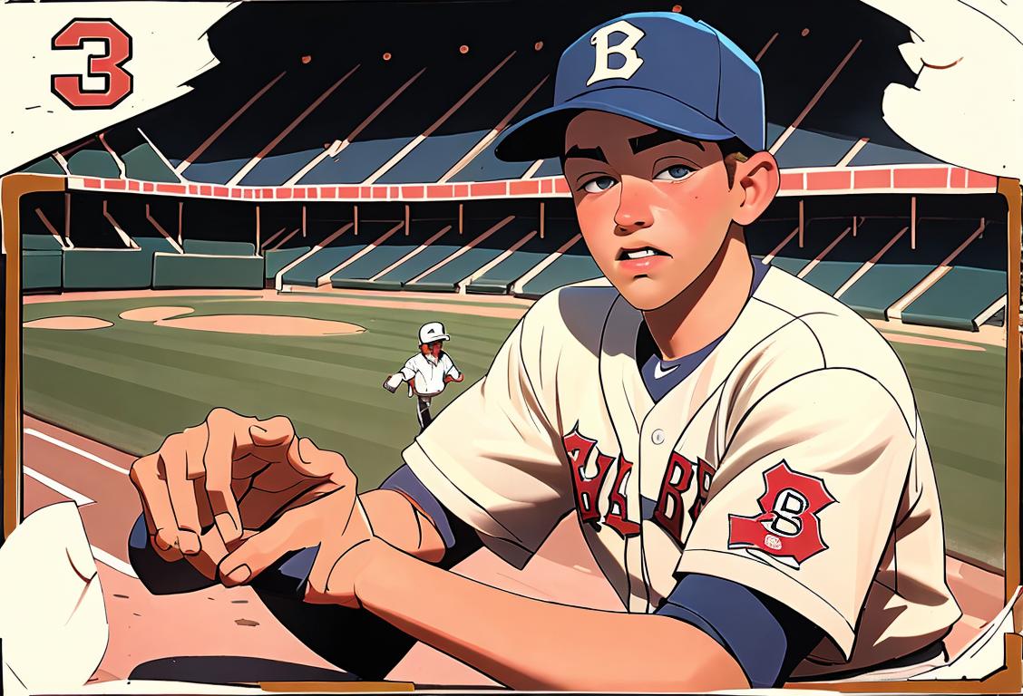 Young boy holding a stack of baseball cards, wearing a baseball cap and a jersey, surrounded by baseball memorabilia and a baseball field..