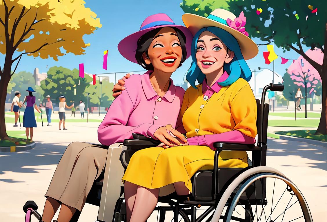 A diverse group of people with disabilities smiling and embracing in a vibrant, inclusive community park, featuring stylish hats and colorful clothing..