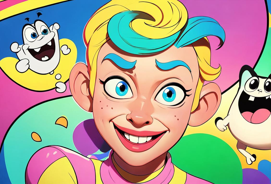 A talented cartoonist with a wide smile, wearing colorful and quirky attire, drawing zany characters in a lively studio..
