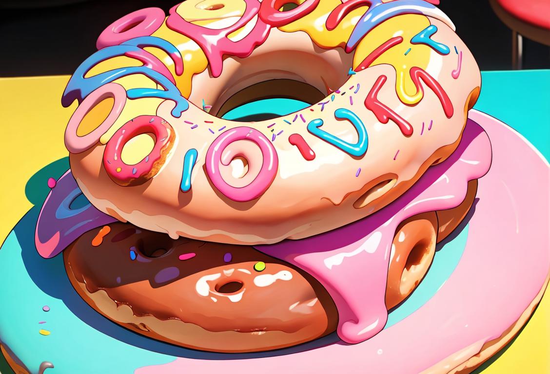 A cheerful person enjoying a vibrant donut with sprinkles, surrounded by colorful decor and a hipster cafe atmosphere..