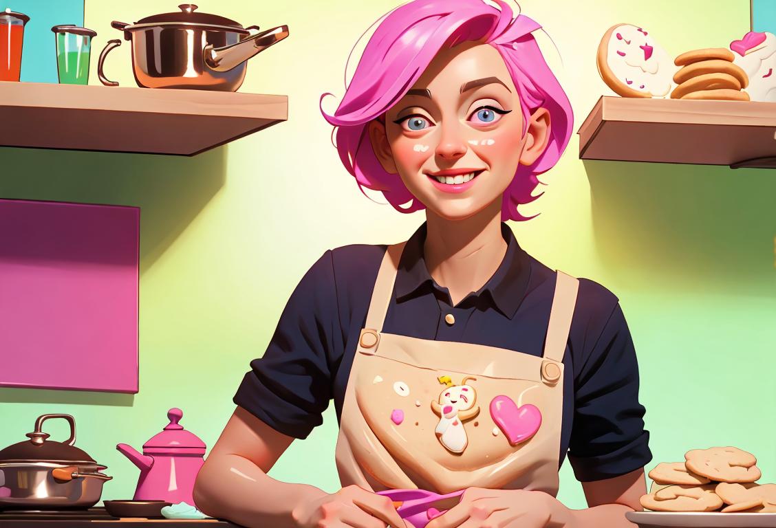 Happy person decorating sugar cookies with colorful icing, wearing an apron, in a cozy kitchen setting..