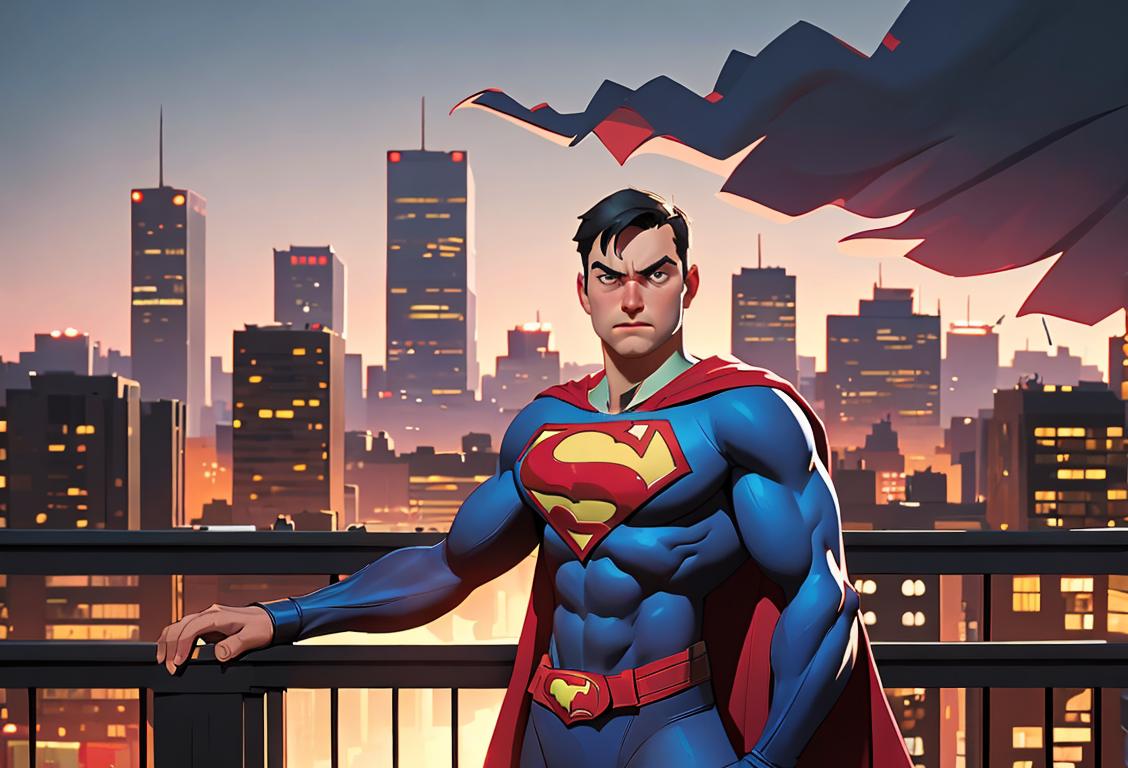 People dressed in superhero costumes, posing heroically, with city skyline in the background..