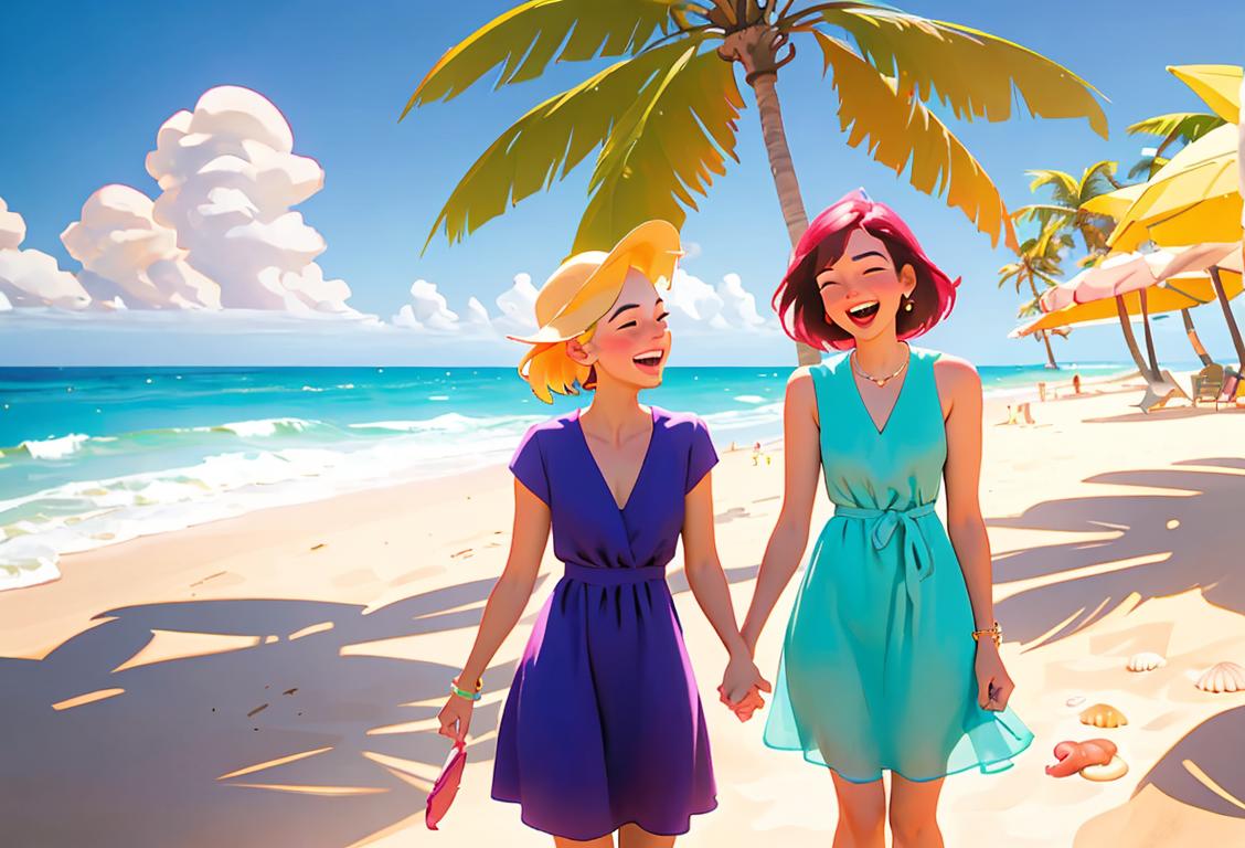 Two best friends laughing and holding hands on a sunny beach, wearing colorful summer dresses, beach scene with seashells and palm trees in the background..