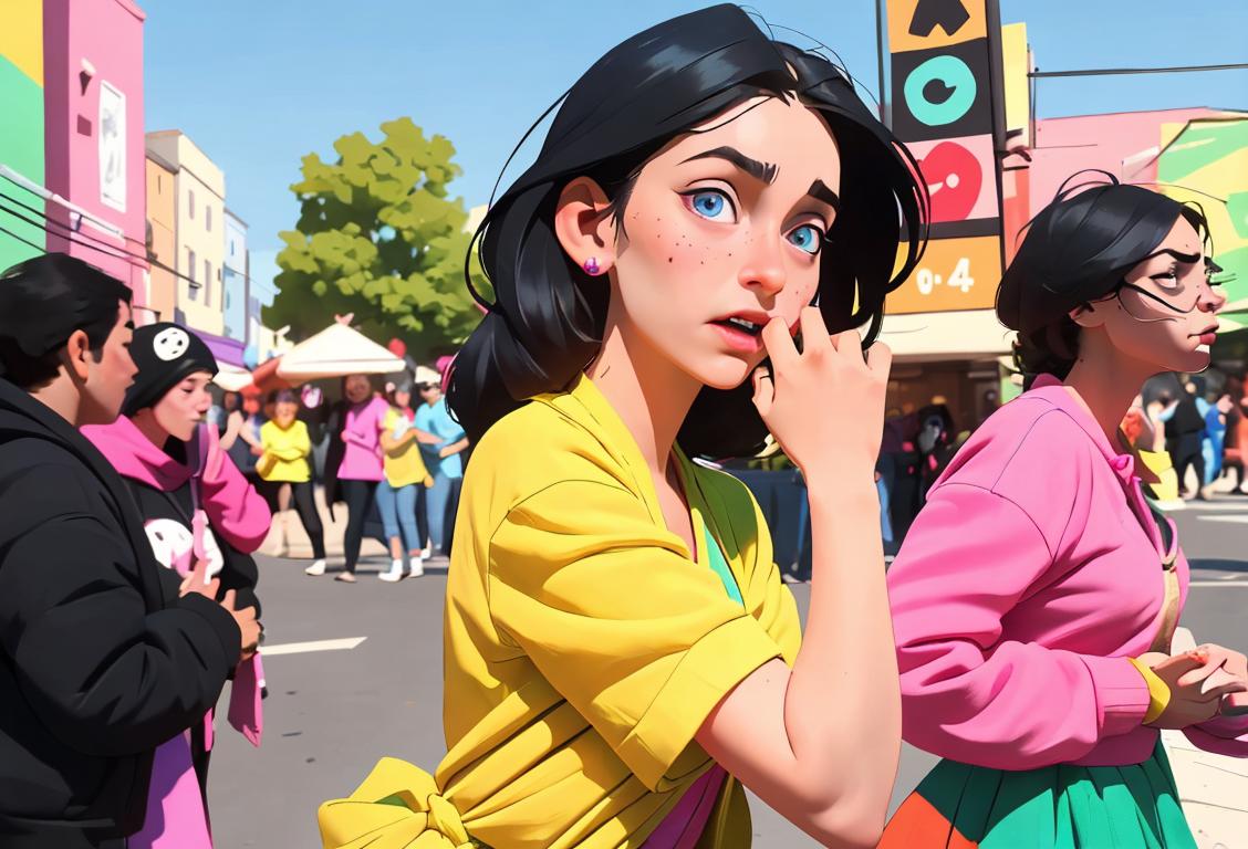 Young person engaged in a lively performative action, wearing colorful attire, surrounded by a diverse crowd, urban setting..