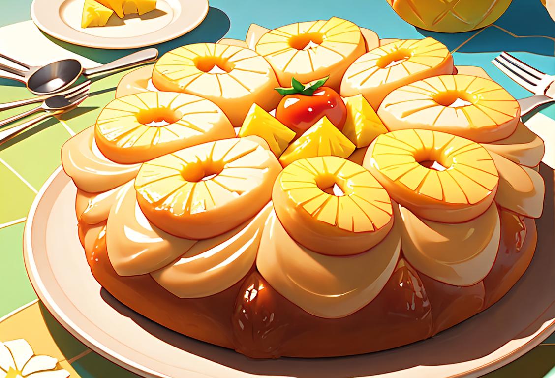 A joyful baker holding a pineapple upside down cake, wearing a vintage floral apron, surrounded by colorful baking utensils and a retro kitchen backdrop..