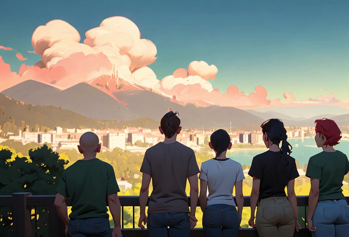 A diverse group of individuals supporting each other, wearing inspirational t-shirts, surrounded by nature and cityscape backgrounds..