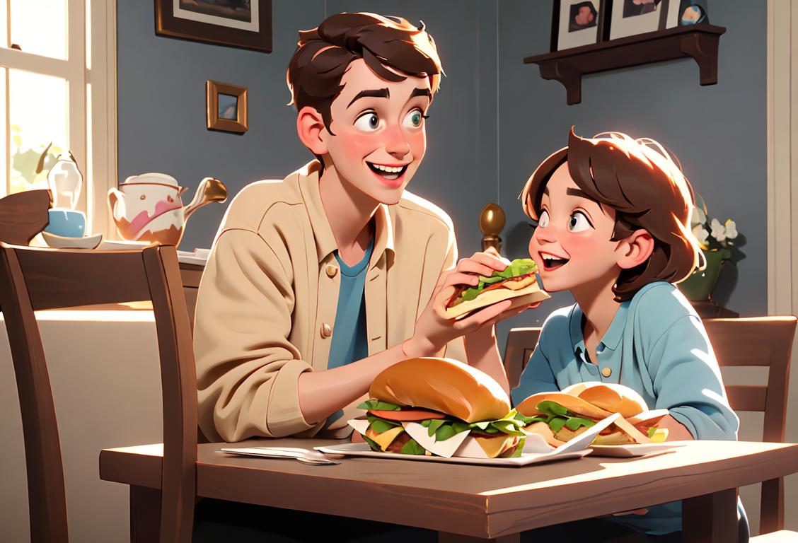 A wholesome image of a cheerful person named Sam, surrounded by friends and family, enjoying a delicious sandwich. They are dressed casually, wearing comfortable clothing and situated in a cozy home setting..