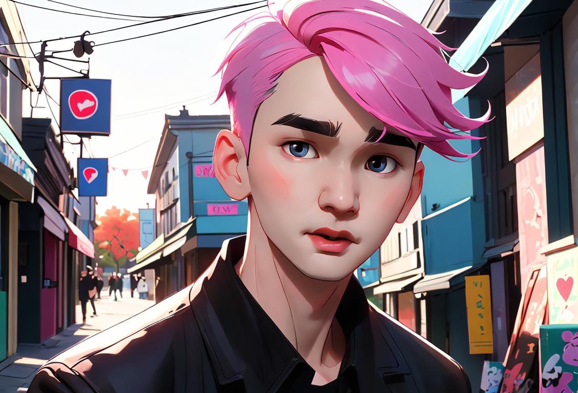 A charming young man, dressed in casual street fashion, showcasing his love for Yoongi with a trendy Yoongi-inspired hairstyle, in a vibrant urban setting..