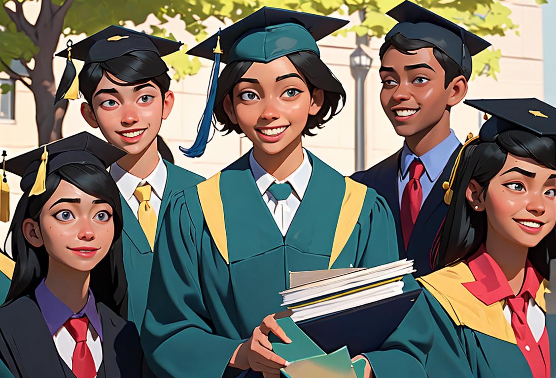 Group of diverse students on a college campus, wearing graduation caps and gowns, holding books and smiling with pride..