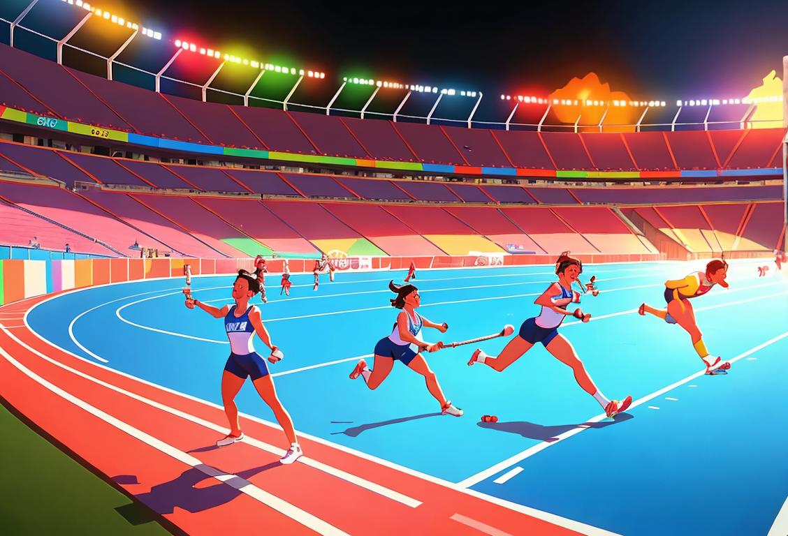 Happy athletes holding Olympic torches, wearing colorful athletic gear, diverse backgrounds and settings like stadiums, pools, and tracks..