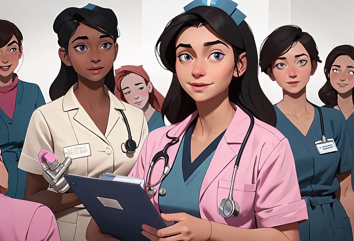 Happy student nurse wearing scrubs, holding a stethoscope, surrounded by medical equipment and a supportive team..