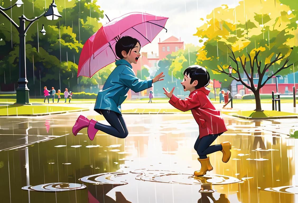 Two children jumping together into a puddle, wearing colorful rain boots and raincoats, with a sunny park as the backdrop..