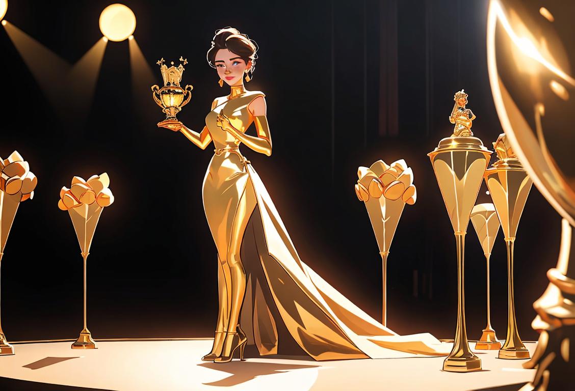 Young woman holding a golden trophy, dressed in elegant attire, standing on a stage surrounded by flashing lights and cheering crowd..