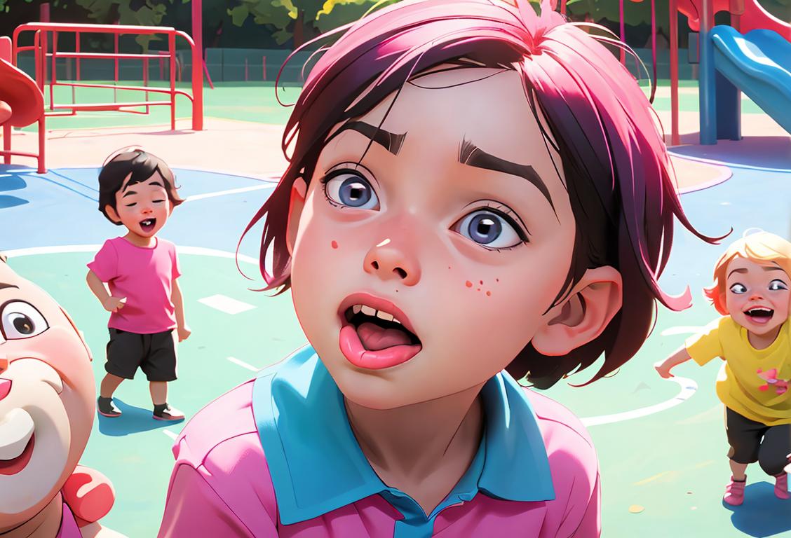 Young child sticking their tongue out, wearing a colorful shirt, playground setting, surrounded by laughing friends..