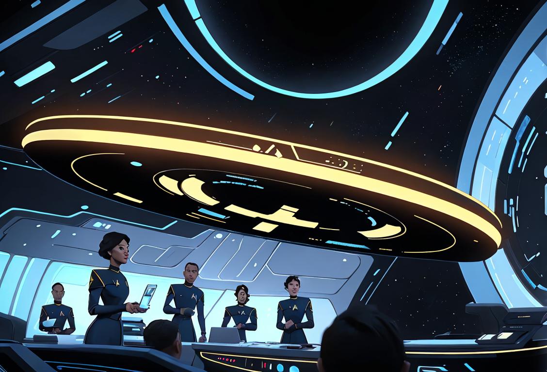 Group of diverse individuals dressed in Star Trek uniforms, posing in a futuristic cityscape, holding futuristic gadgets, with Star Trek logo displayed prominently..
