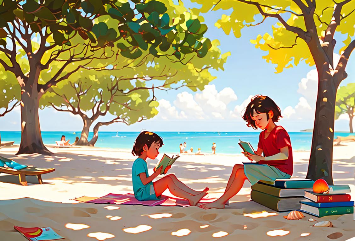 Child sitting under a shady tree, reading a book, wearing summer clothes, beach scene with sandcastles and seashells..