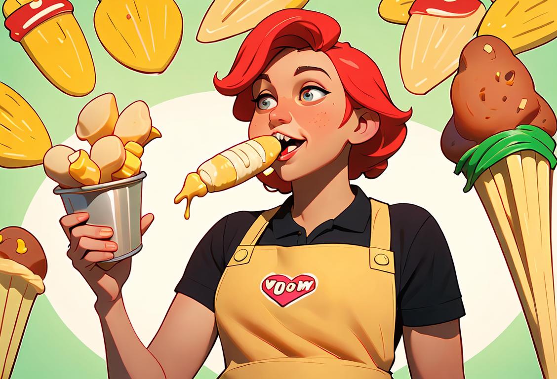 Cheerful individual munching on a ravioli corn dog, wearing a colorful apron, vintage kitchen setting..