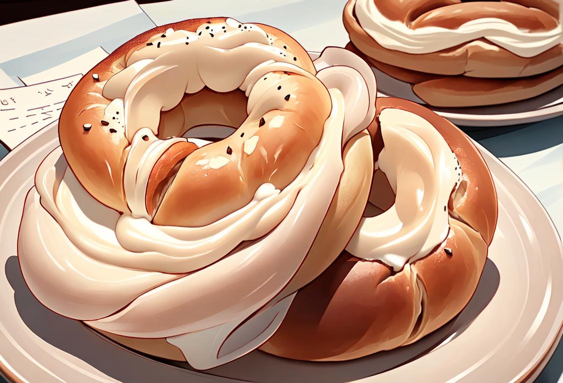 Close-up of a freshly baked bagel with cream cheese spread, set against a cozy coffee shop backdrop with people in casual attire, enjoying their breakfast..