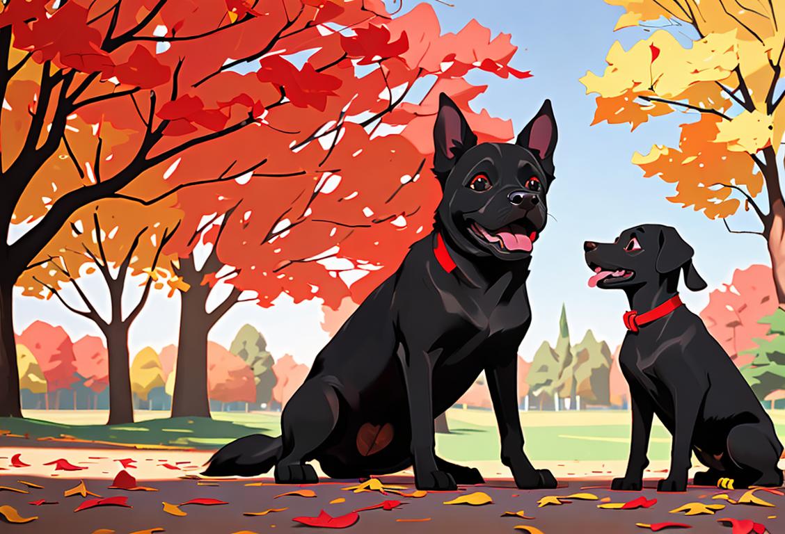 A joyful child embracing a sleek black dog, both adorned with matching red accessories, in a playful autumn park setting..