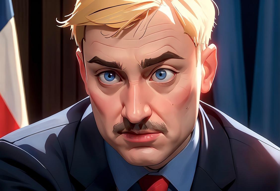 A friendly National Security Council aide with a patriotic tie, working at a computer in a modern office setting..