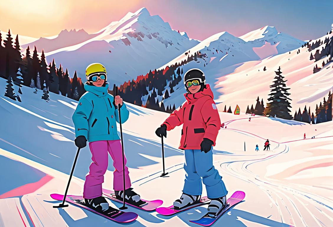 Two enthusiastic friends, one with a ski and the other with a snowboard, dressed in colorful winter outfits, amidst a snowy mountain landscape..