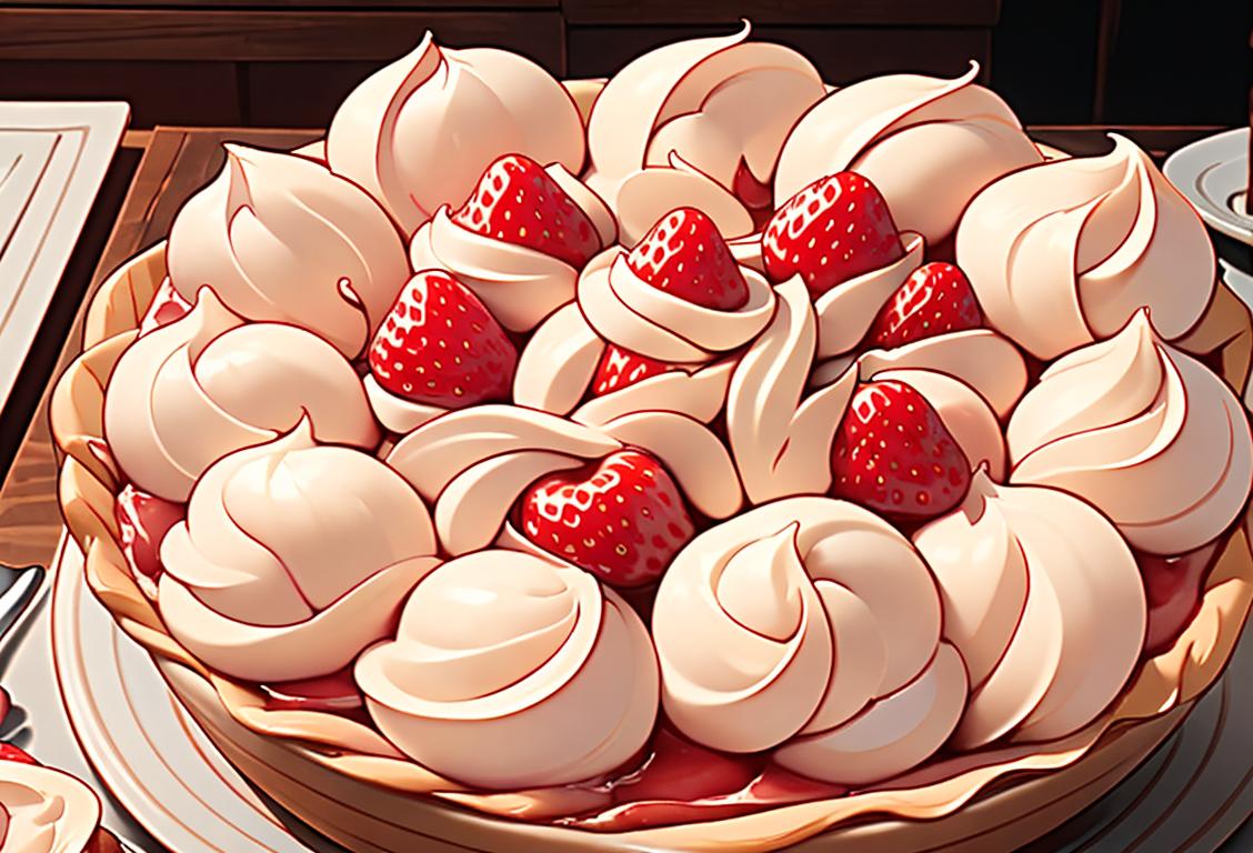 A close-up shot of a perfectly baked strawberry rhubarb pie, with a lattice crust and a dollop of whipped cream on top, set on a rustic wooden table in a cozy kitchen..