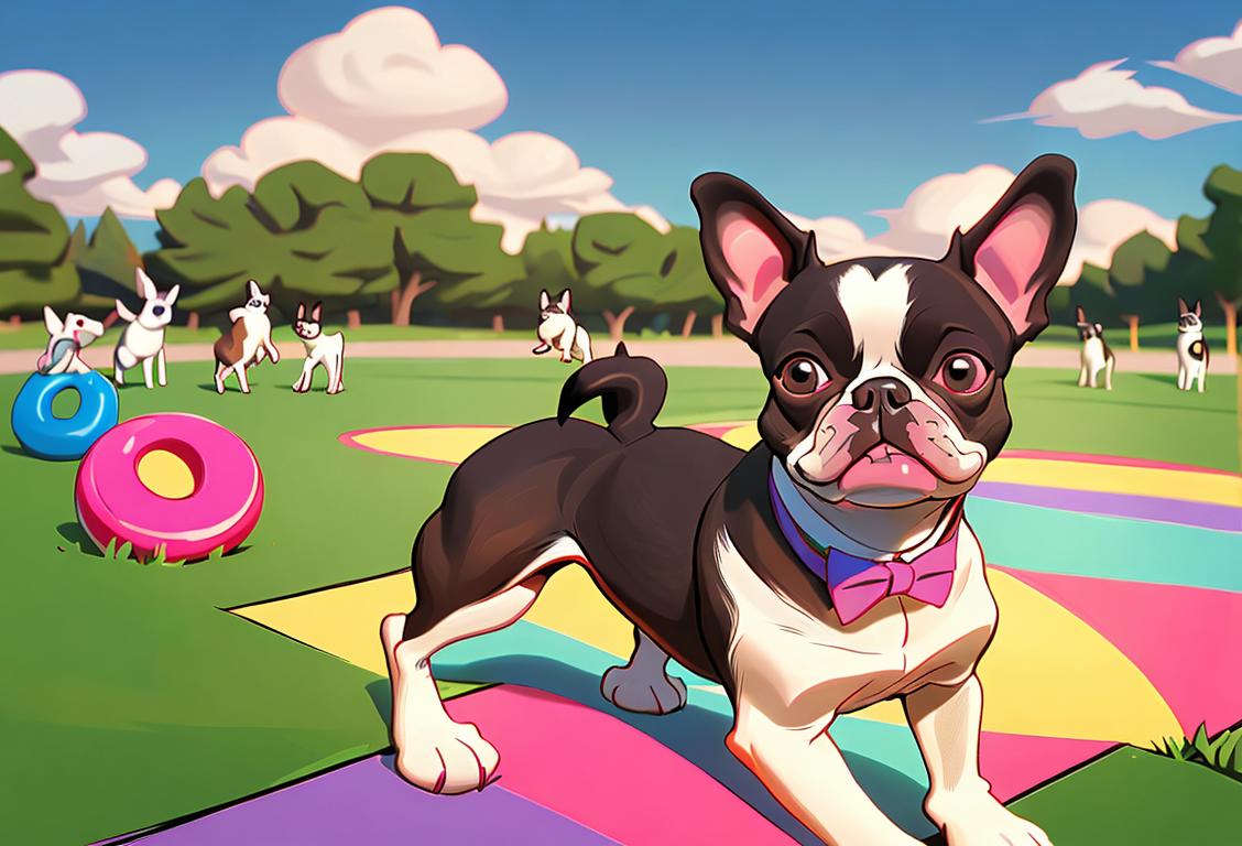 Happy National Boston Terrier Day! Image of a cute Boston Terrier wearing a bowtie, surrounded by a colorful dog park filled with toys and happy pups..