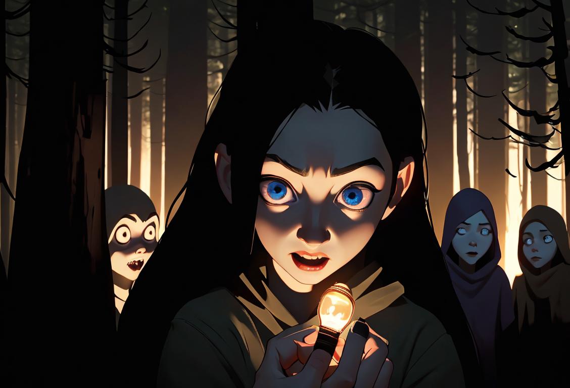 A group of people huddled together, with wide-eyed expressions, holding flashlights, exploring a mysterious, shadowy forest at night..