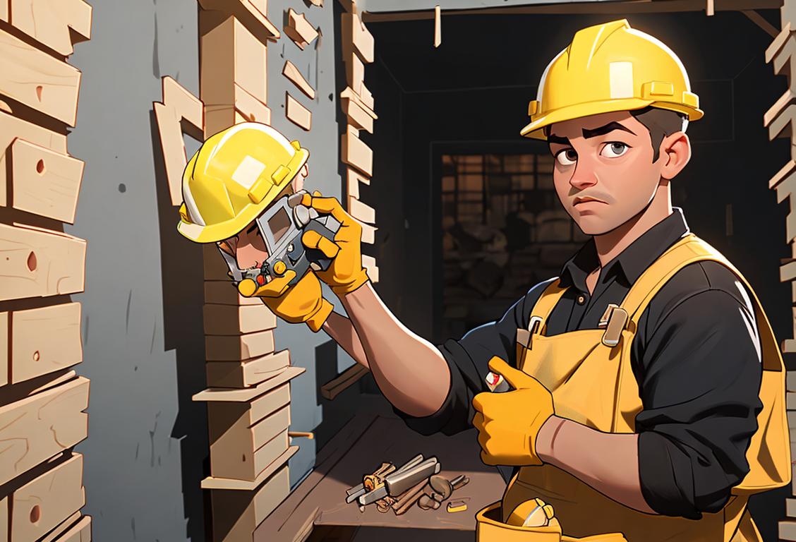 Young construction worker wearing a hard hat, holding a stud finder tool, amidst a bustling construction site..