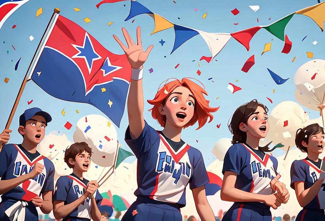 Group of excited people, wearing team jerseys and waving flags, cheering at a memorial day championship game, with confetti falling from the sky..