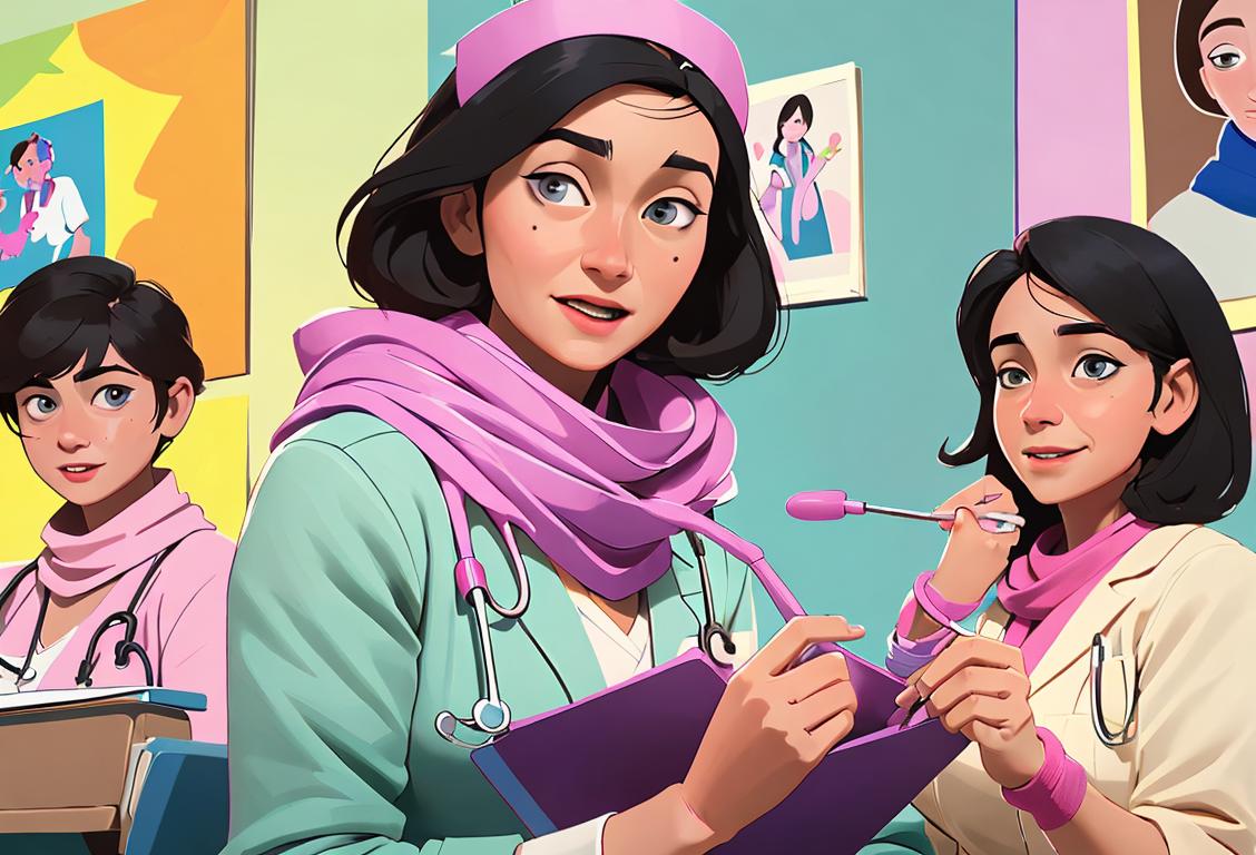 School nurse wearing a stethoscope, knitting a scarf of honor, surrounded by colorful artwork and cheerful students..