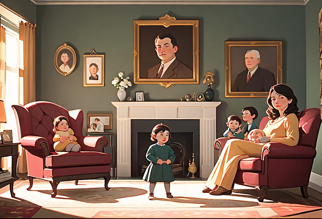 Family of four standing in front of a vintage family tree, wearing casual clothes, in a cozy living room setting..