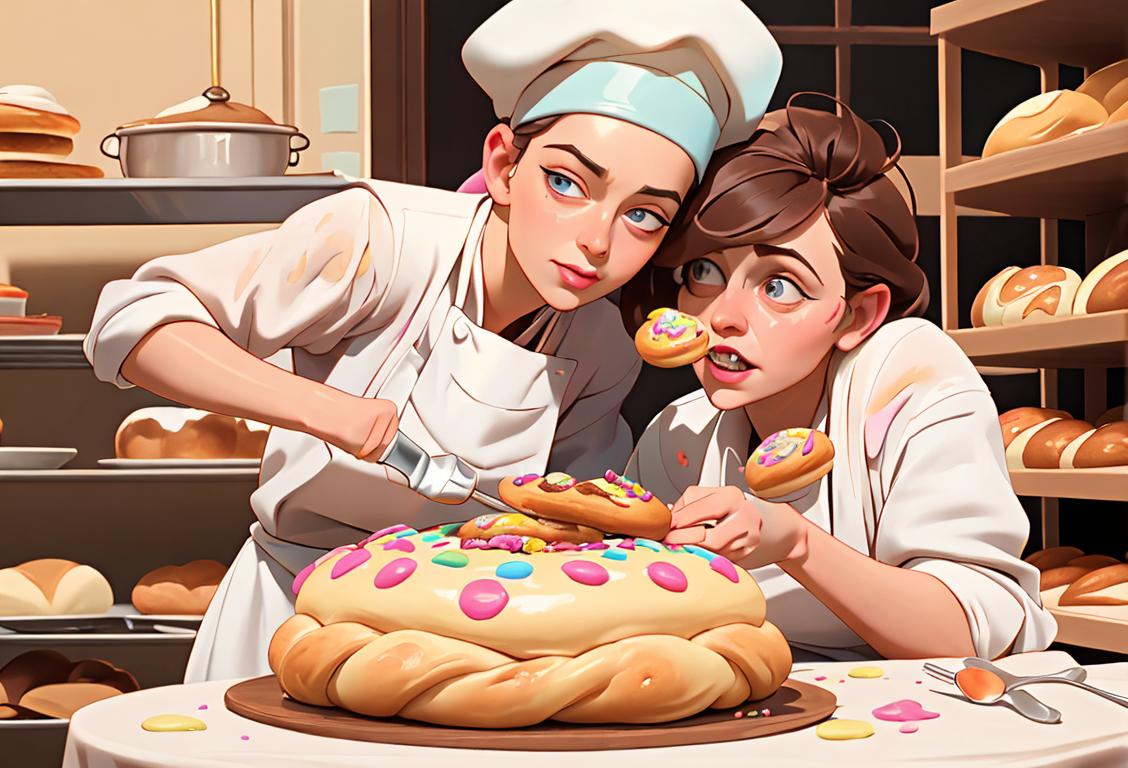 A Flour-covered baker, wearing a chef's hat, decorating a cake with colorful sprinkles, in a bustling bakery..
